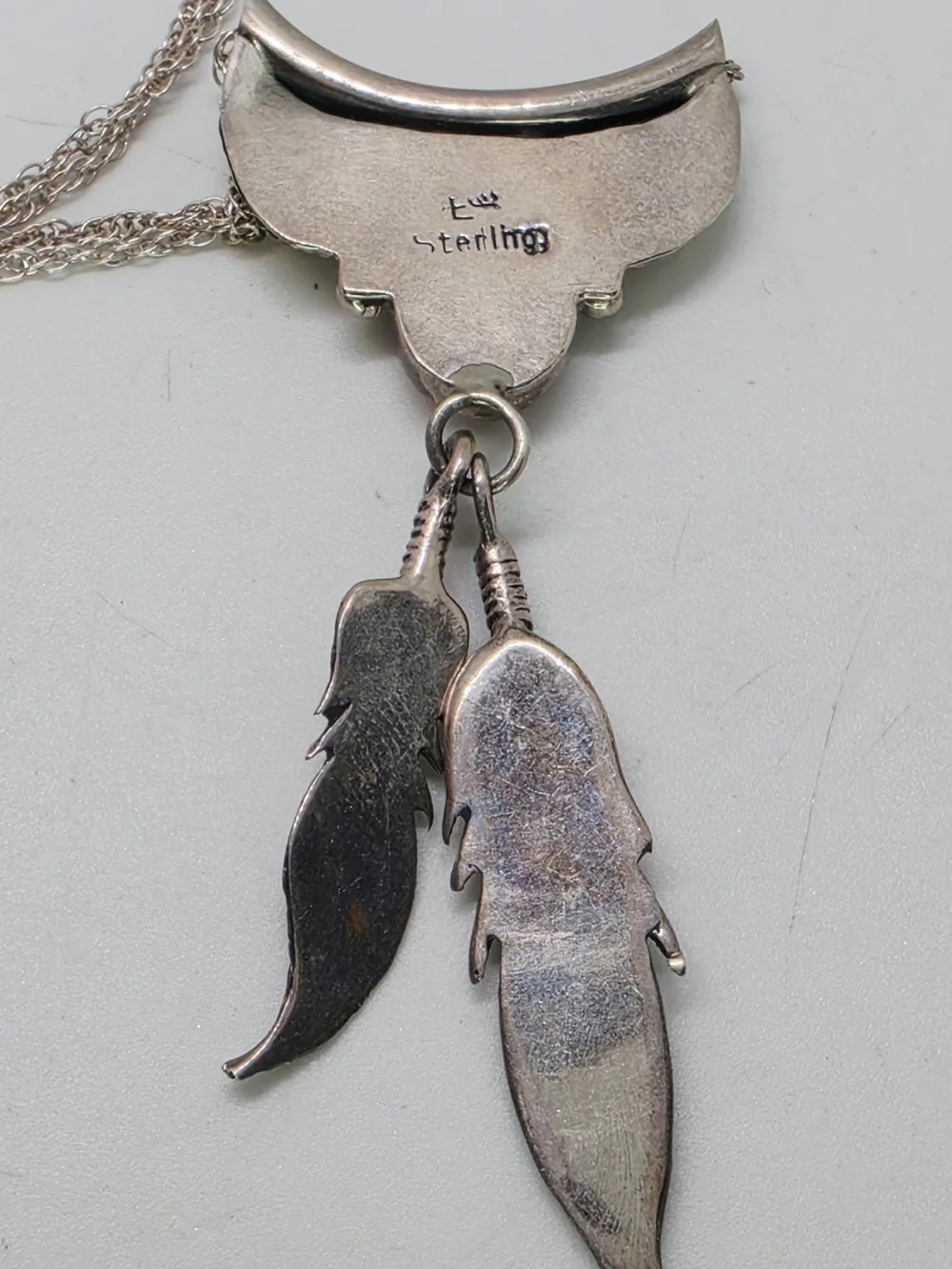Vintage Native American Sterling Silver MOP White Dangle Feather Necklace Signed